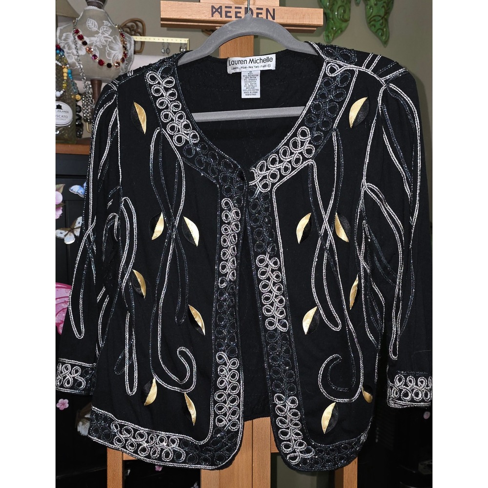 Lauren Michelle Women Black Metallic Silver Gold Embroidered Evening Jacket M